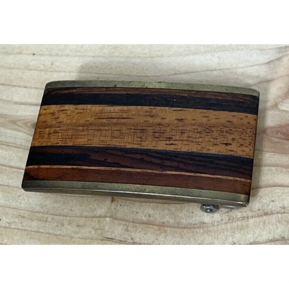 Vintage Kenneth Reid Belt Buckle Inlaid Wood Brass Inlay Boho 1970s 70s Signed